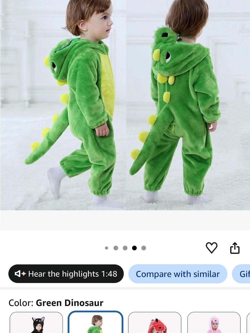 Green Dinosaur Plush Hooded Onesie - Kids Costume